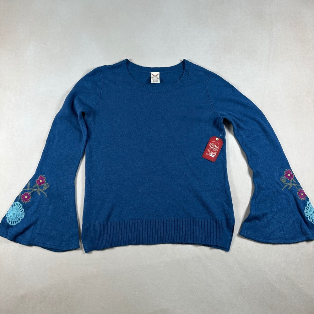 Faded Glory Womens M Blue Floral Embroidered Bell Sleeve Sweater NWT Boho Y2K